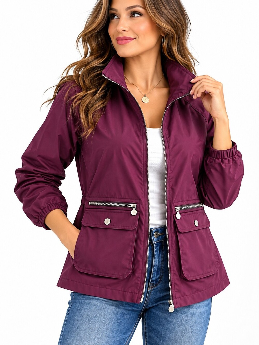 Bernardo Women’s Petite Small Plum Lightweight Rain Jacket Zip Pockets